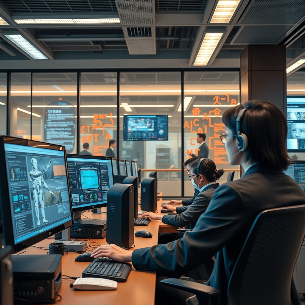 Modern Tokyo office showcasing AI technology with Japanese professionals working on advanced computer systems and digital displays