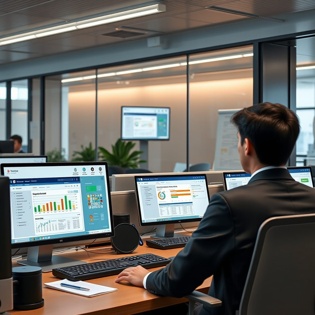 Modern Japanese office workspace with multiple AI productivity tools displayed on computer screens, showing automated scheduling interfaces, document processing systems, and workflow optimization dashboards in a sleek Tokyo business environment