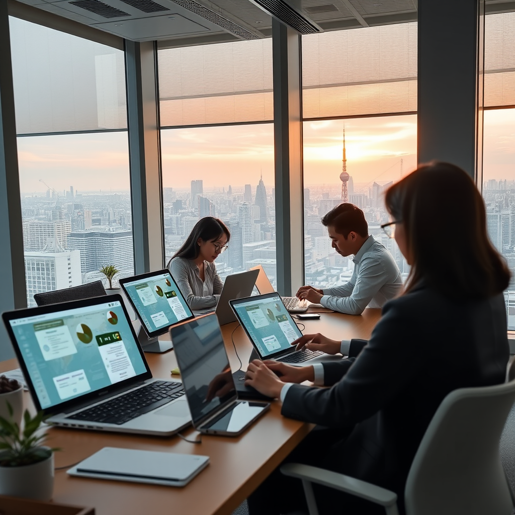 Modern Japanese office environment showing professionals using AI productivity tools on various devices including laptops and tablets, with Tokyo skyline visible through large windows