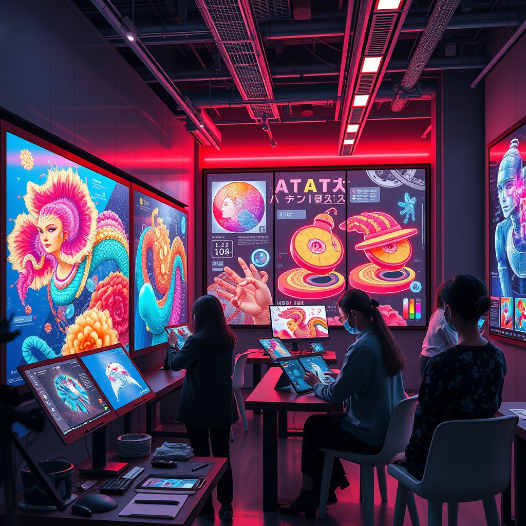 Modern Japanese AI art studio with digital screens displaying colorful AI-generated artwork, artists working with tablets and styluses, holographic interfaces showing design tools, neon lighting creating a futuristic atmosphere