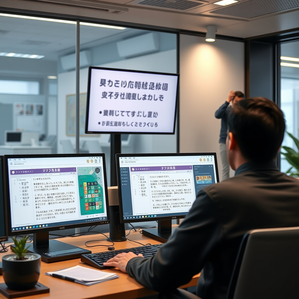Advanced Japanese natural language processing interface showing real-time translation and AI writing assistance tools on multiple screens in a modern Tokyo tech office
