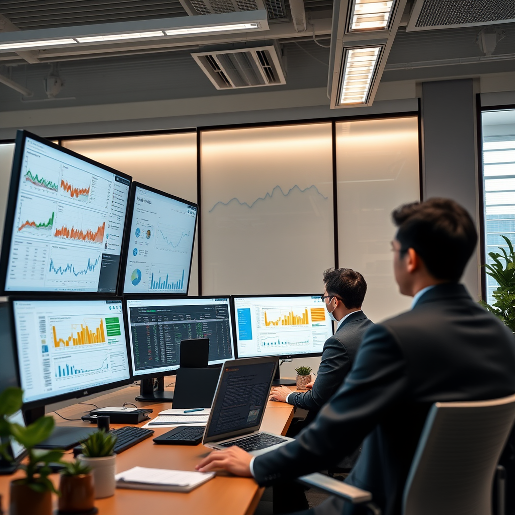 Modern Japanese office with multiple screens displaying AI-powered analytics dashboards, charts, and data visualizations with business professionals analyzing real-time data
