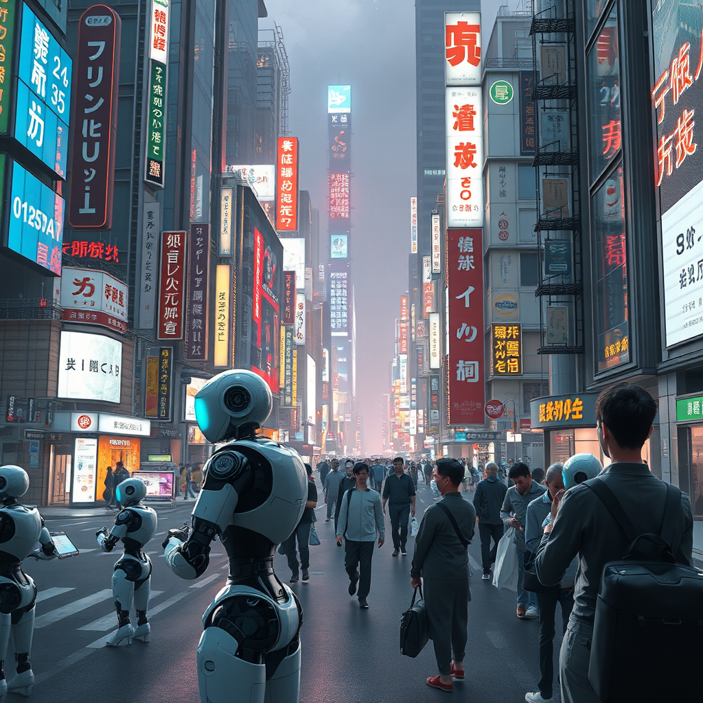 Futuristic Japanese cityscape showing AI robots working alongside humans in a smart city environment with digital displays and automated systems