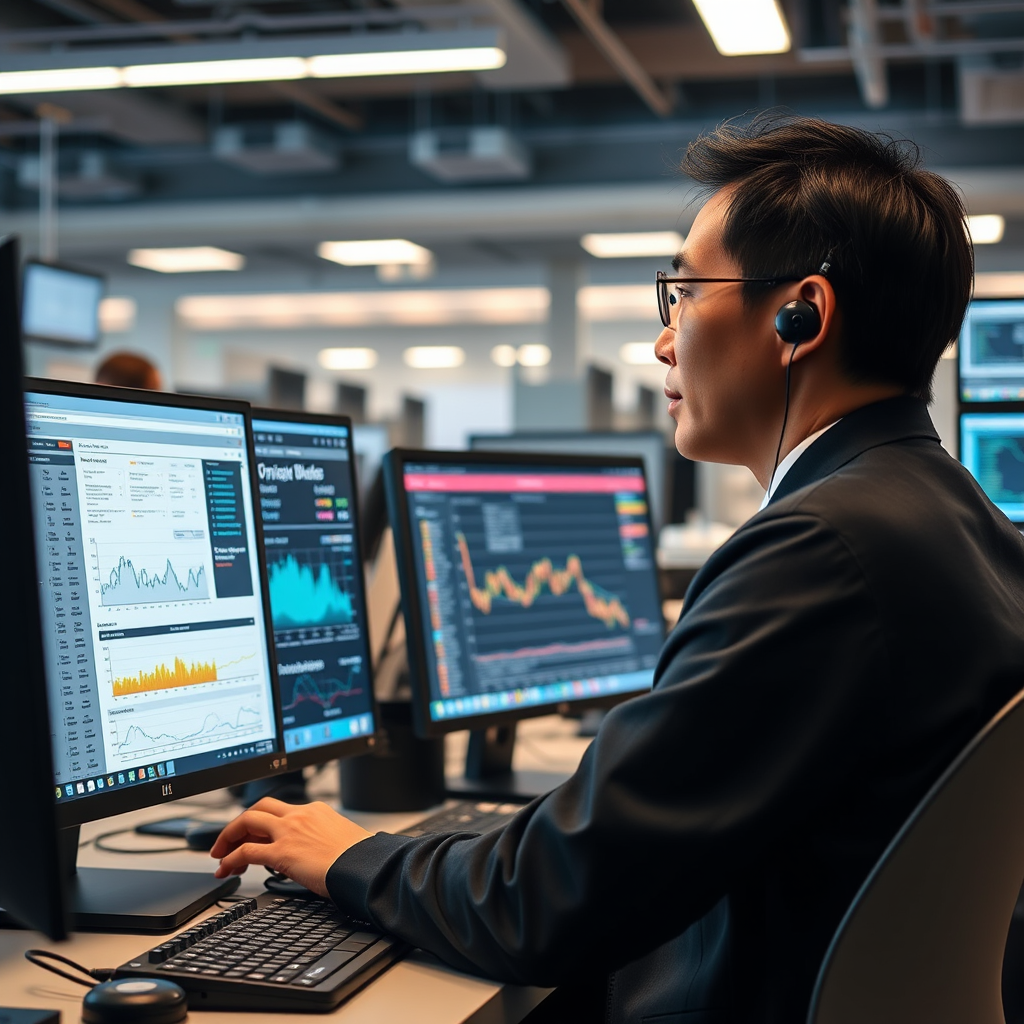 Japanese AI researcher working with advanced data analysis tools on multiple computer screens in a modern technology laboratory