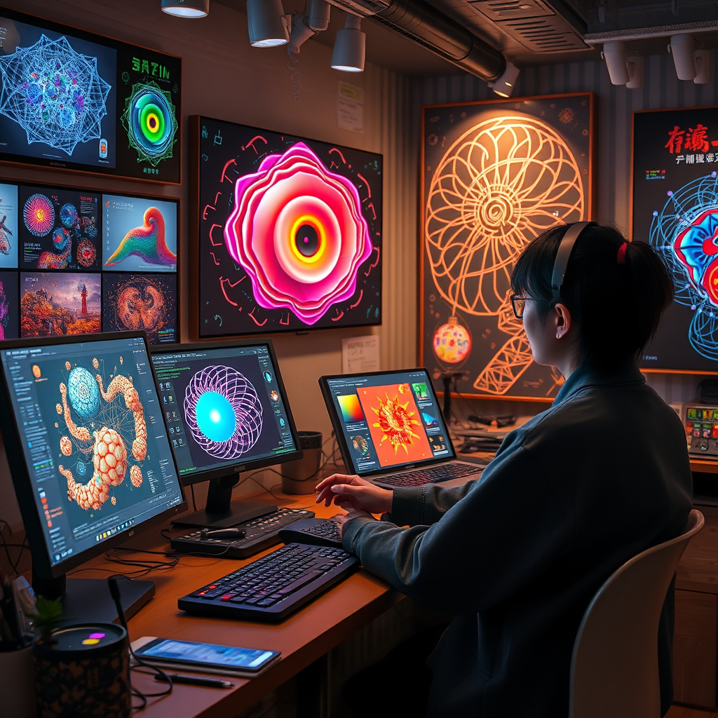 Japanese digital artist working with AI-powered creative design tools, surrounded by vibrant digital artwork displays, neural network visualizations, and modern art generation interfaces in a contemporary Tokyo creative studio