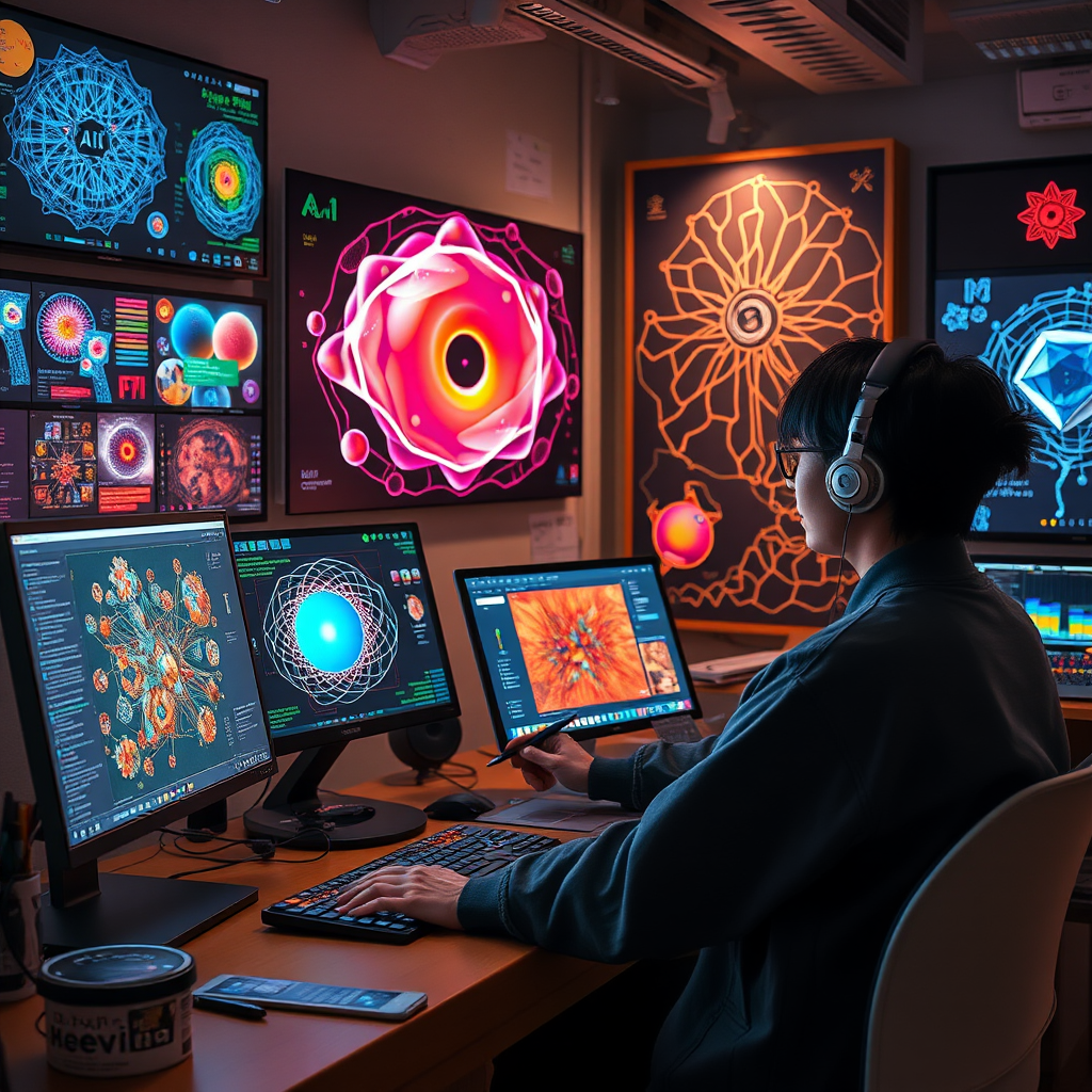 Japanese digital artist working with AI-powered creative design tools, surrounded by vibrant digital artwork displays, neural network visualizations, and cutting-edge design software interfaces in a modern Tokyo creative studio