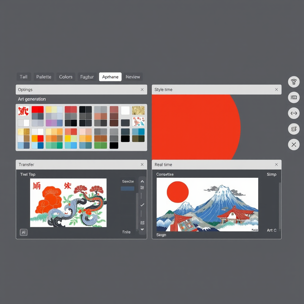 Sleek Japanese AI design software interface showing multiple art generation options, color palettes, style transfer tools, and real-time preview windows with traditional Japanese motifs being transformed into modern digital art