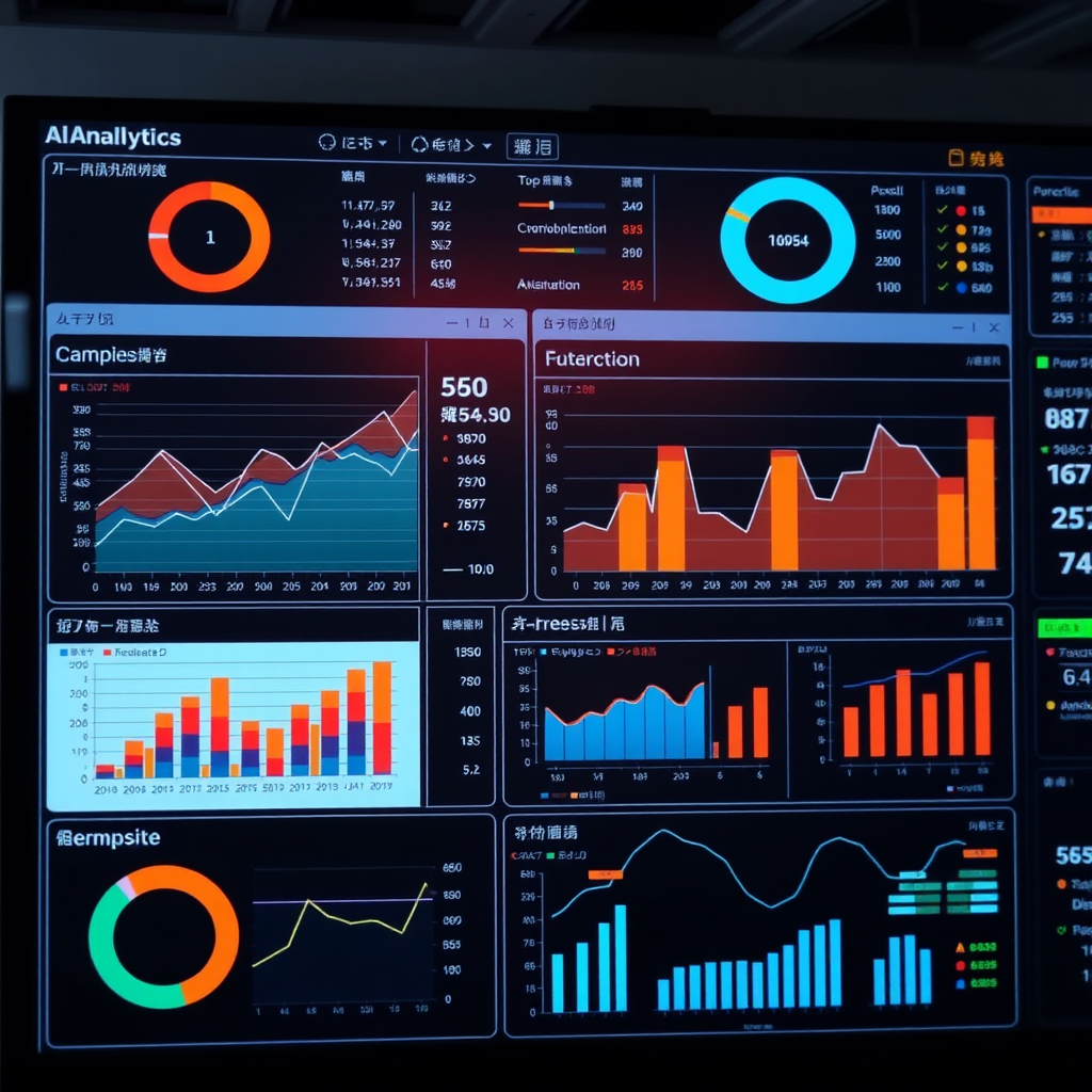 Screenshot of a sophisticated AI analytics platform interface showing predictive models, data visualization charts, and automated reporting tools used by Japanese enterprises