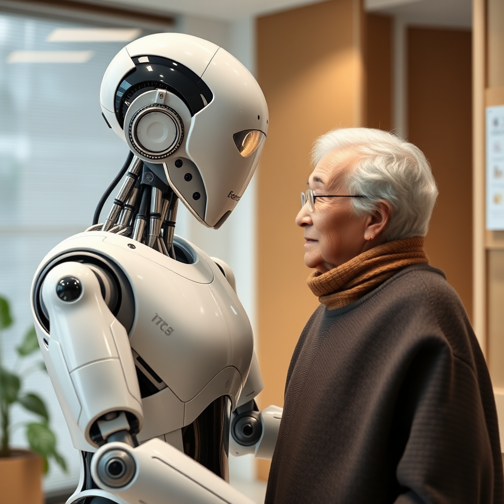 Advanced humanoid robot with AI capabilities assisting an elderly person in a modern Japanese healthcare facility