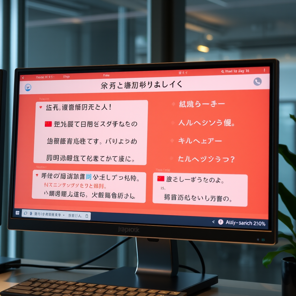 Advanced Japanese natural language processing interface showing real-time translation between Japanese and multiple languages, with AI-powered writing assistance tools and communication enhancement features displayed on modern computer screens