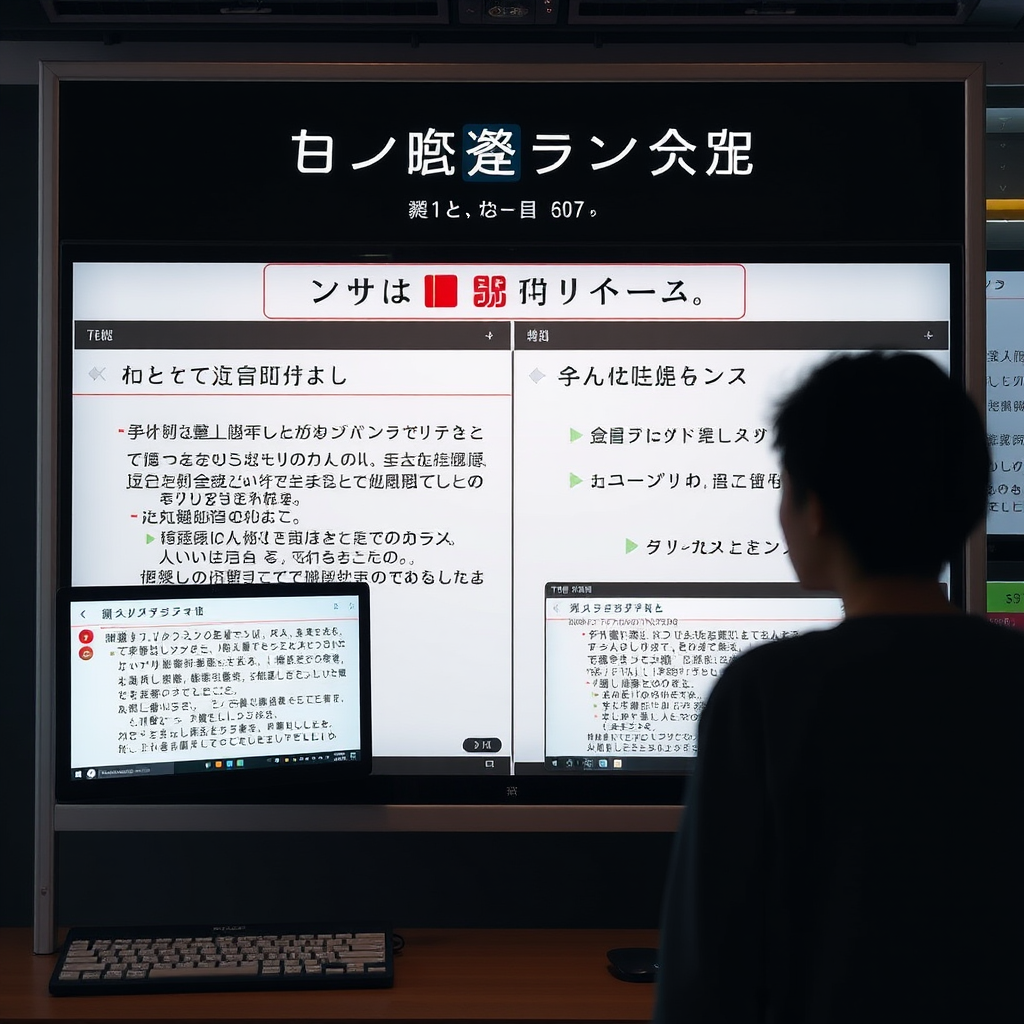 Advanced Japanese natural language processing interface showing real-time translation between Japanese and English text, with AI-powered writing assistance tools and communication enhancement features displayed on multiple screens