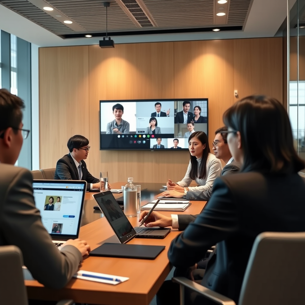 Japanese business professionals in a modern conference room using AI-powered translation and communication tools during an international video conference
