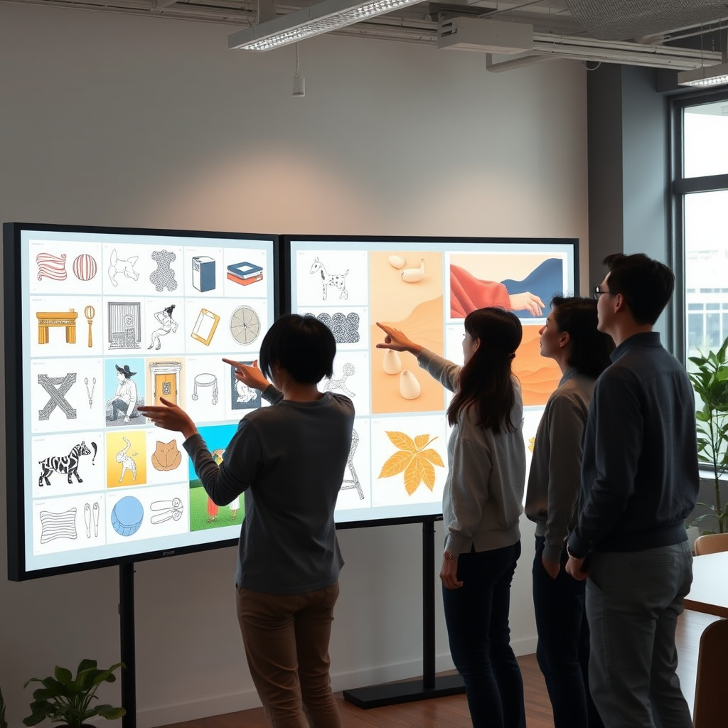 Japanese creative team collaborating around large displays showing AI-generated design variations, team members pointing at different artistic options, modern office environment with natural lighting and minimalist design