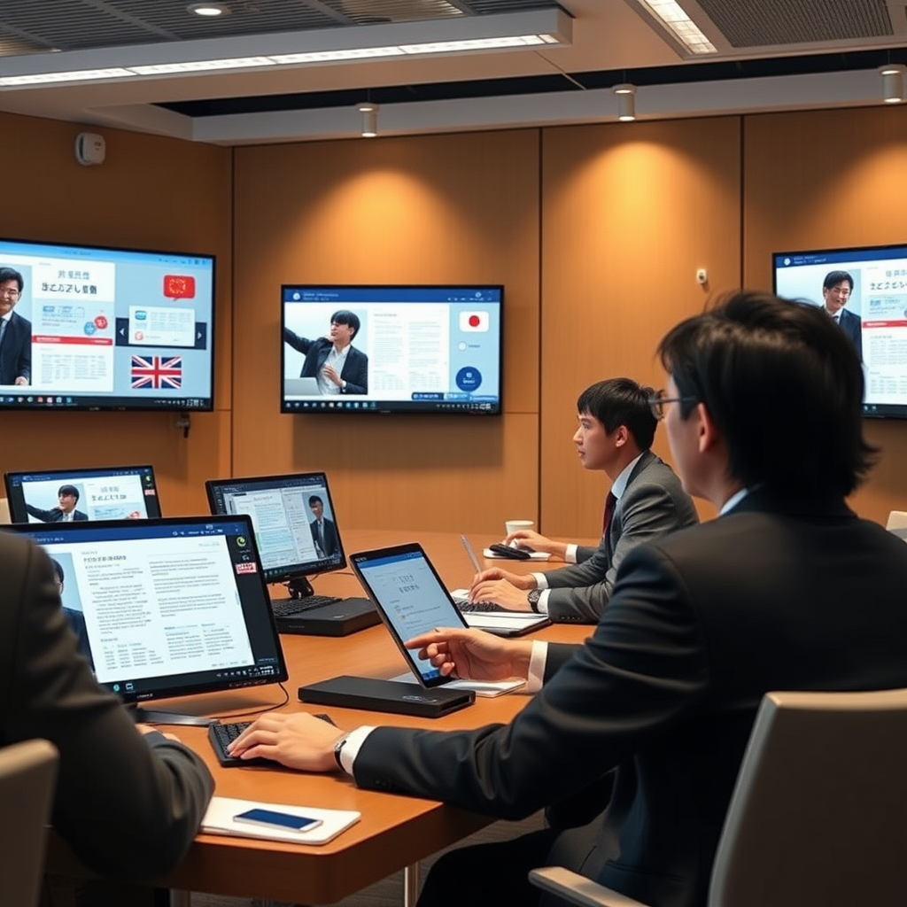 Japanese business professionals using AI language tools in a modern conference room with multiple screens showing translated documents and real-time communication interfaces