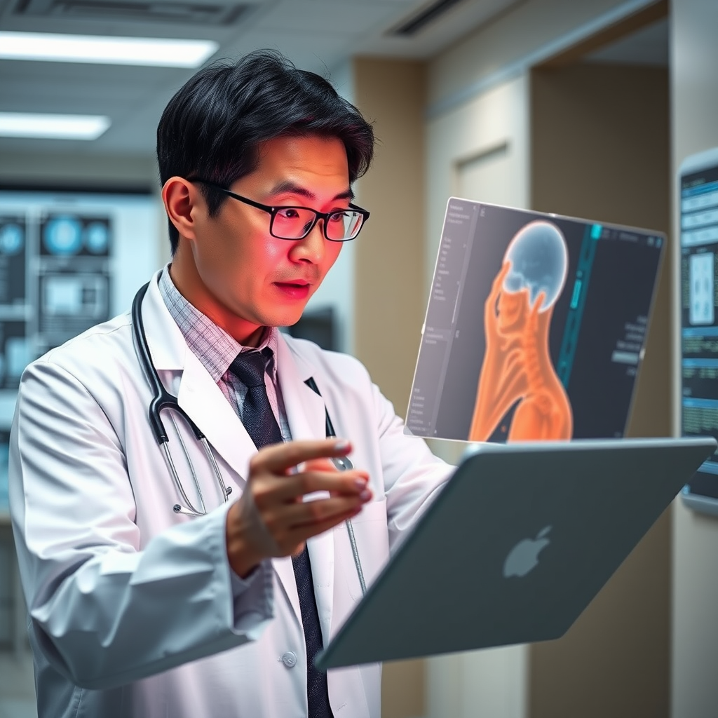 Japanese doctor analyzing patient data using advanced AI diagnostic system with holographic medical imaging display in modern hospital