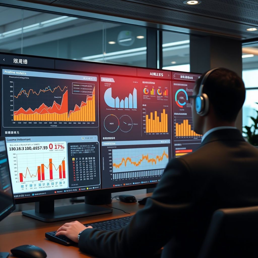 Sophisticated AI analytics dashboard displaying predictive analytics charts, customer behavior analysis graphs, and automated business intelligence reports in a Japanese corporate environment with data visualization screens