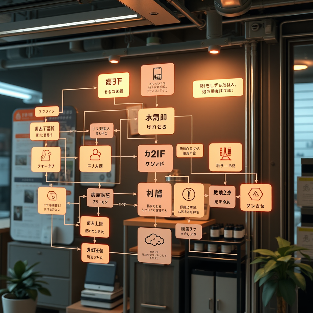 Visual representation of AI workflow automation showing interconnected processes, data flows, and automated decision points in a Japanese business context