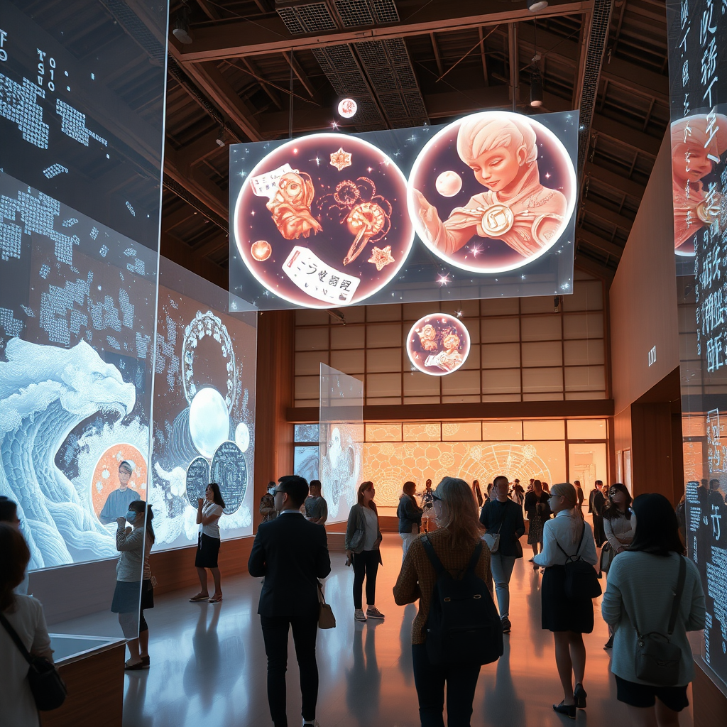 Futuristic Japanese digital art gallery with holographic AI-generated artworks floating in space, visitors wearing AR glasses interacting with digital installations, blend of traditional Japanese architecture with high-tech displays