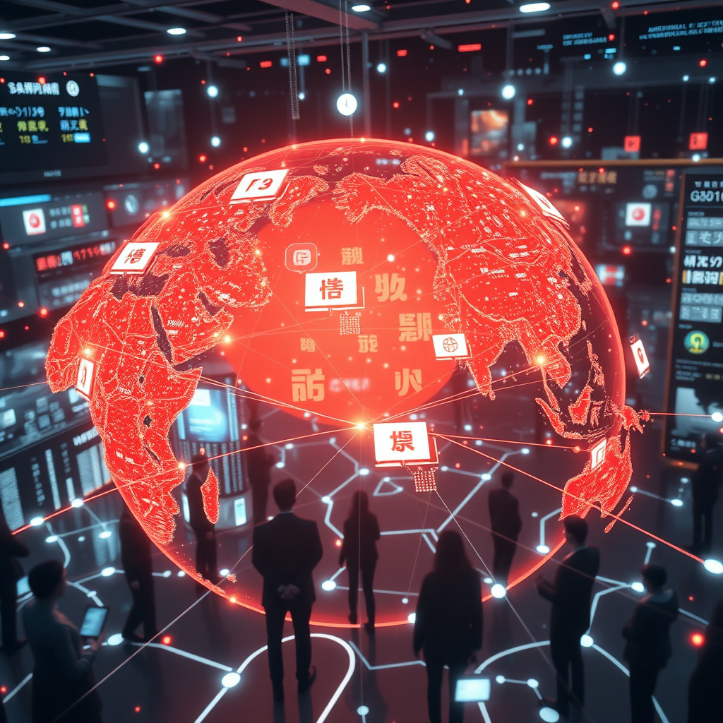 Futuristic visualization of global communication networks with Japanese AI language processing tools connecting people worldwide through digital interfaces and translation bridges