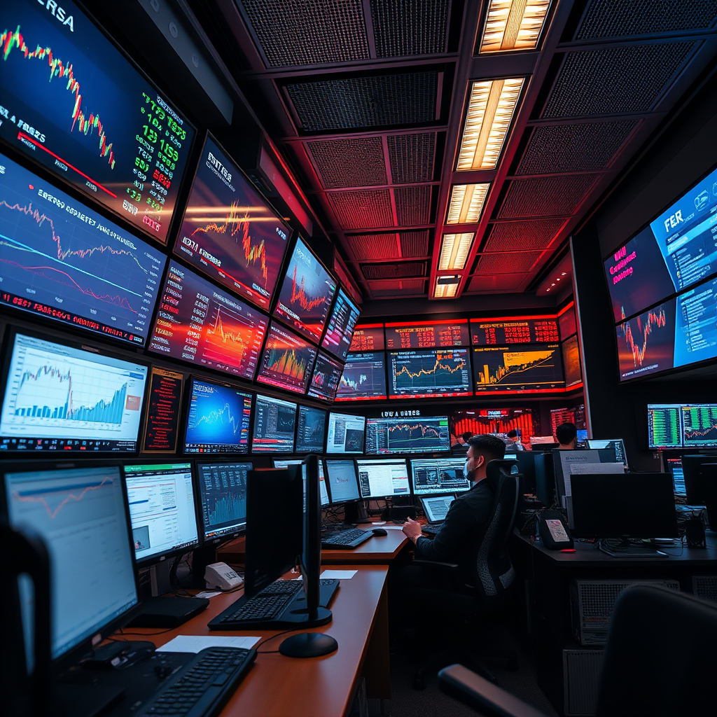 High-tech trading floor in Tokyo with multiple monitors showing real-time AI analytics, market data streams, and automated trading algorithms in action