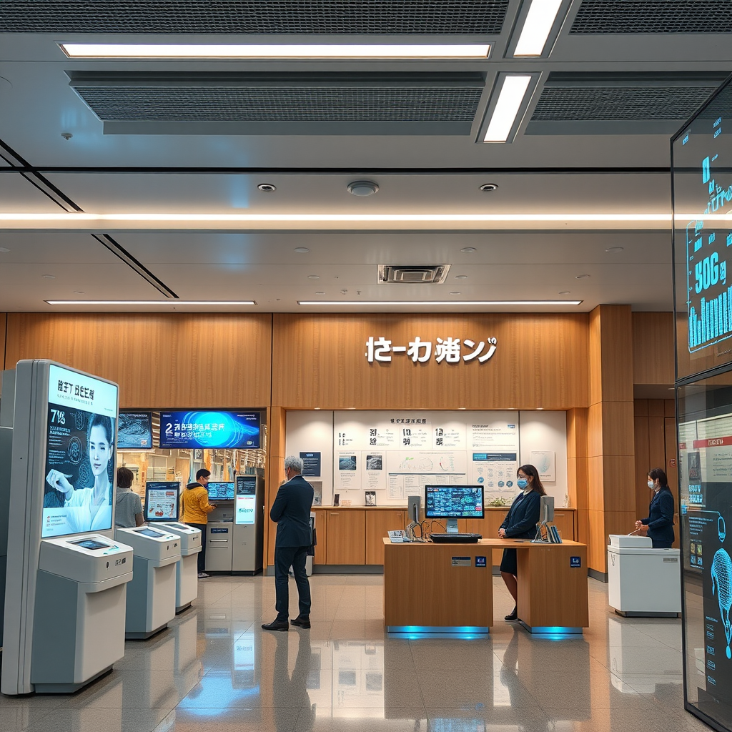 Modern Japanese bank interior featuring AI-powered digital interfaces, automated customer service kiosks, and holographic financial data displays