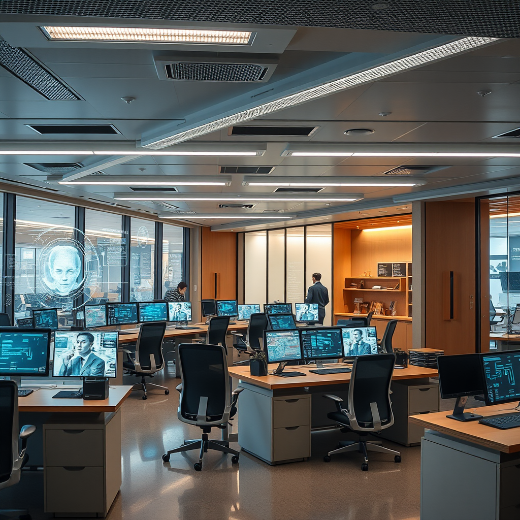 Futuristic Japanese office space showcasing the integration of AI technology with traditional business practices, featuring holographic displays and smart workstations