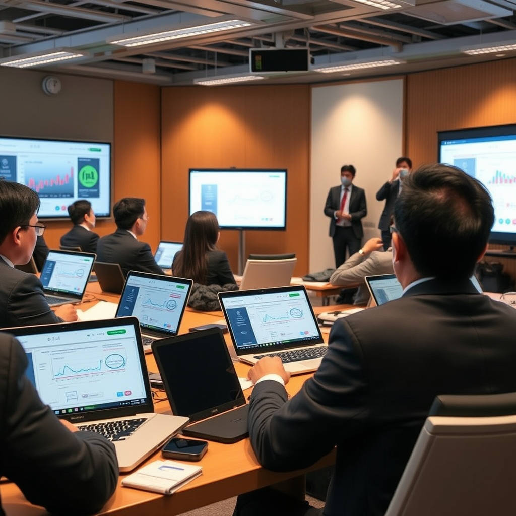 Japanese business professionals attending an AI analytics training session with laptops, presentation screens, and instructors demonstrating latest AI models and data analysis techniques