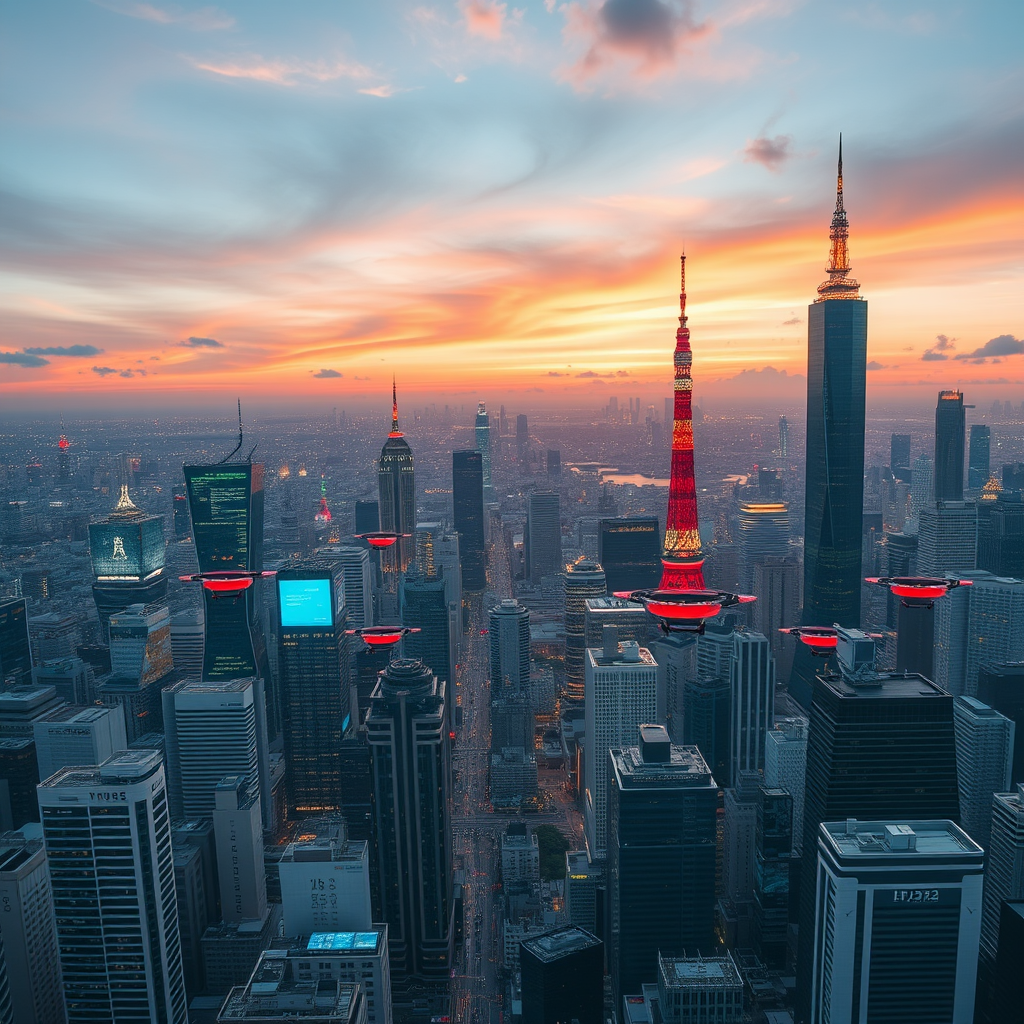 Panoramic view of futuristic Tokyo skyline in 2025 showing AI-integrated smart buildings, autonomous flying vehicles, and digital information displays throughout the cityscape